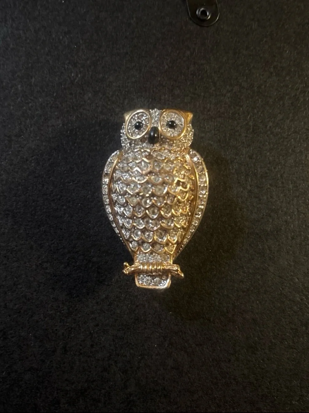 Vintage Gold and Clear Crystal Owl Brooch Pin
